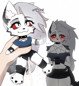 alternative_fashion anthro black_body black_fur blush bodily_fluids bottomwear cellphone clothing collar crop_top cum cum_drip cum_flow cum_inside dripping duo ear_piercing ear_ring electronics ellipsis female fingerless_gloves footwear fur genital_fluids gloves goth grey_body grey_fur grey_hair hair half-closed_eyes handwear holding_object holding_phone holding_plushie miniskirt multicolored_body multicolored_fur narrowed_eyes nervous nervous_look nervous_sweat phone piercing plushie plushie-like plushie_of_self red_background red_sclera ring_piercing shirt simple_background skirt smartphone smile sparkles spiked_collar spikes standing sweat topwear two_tone_body two_tone_fur white_body white_fur croli_x hellaverse helluva_boss mythology sparkle_doll_onahole loona_(helluva_boss) canid canid_demon canine demon hellhound mammal mythological_canine mythological_creature hi_res meme