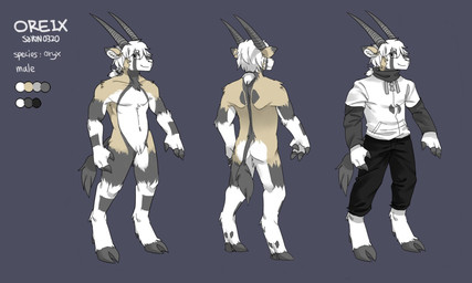anthro black_pawpads blue_background closed_smile clothed clothing cloven_hooves color_swatch crotch_tuft featureless_crotch fingers front_view fur grey_body grey_clothing grey_eyes grey_fur grey_hooves grey_horn grey_topwear hair hoof_hands hooved_fingers hooves horn looking_at_viewer male messy_hair mouth_closed multicolored_body multicolored_fur nude pawpads rear_view short_hair simple_background smile solo standing tail tail_tuft tan_body tan_fur topwear tuft unguligrade unsigned white_body white_clothing white_fur white_hair white_topwear asnnonaka oreix_(asnnonaka) antelope bovid grazing_antelope mammal oryx 5:3 full-length_portrait model_sheet portrait signature