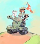 anthro armored_vehicle belt bottomwear brown_hair clothed clothing female flag fur group hair hat headgear headwear male military military_uniform tank uniform vehicle white_body white_fur colo gumbo_(colo) misha_(colo) canid canine canis domestic_dog mammal digital_media_(artwork)