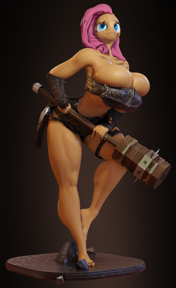 anthro anthrofied barefoot big_breasts breasts bulging_breasts cleavage cleavage_overflow clothed clothing feet female holding_object holding_weapon huge_breasts mace melee_weapon solo weapon morethreedee friendship_is_magic hasbro my_little_pony fluttershy_(mlp) equid equine mammal 3d_(artwork) absurd_res digital_media_(artwork) hi_res