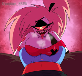 1_eye arm_tattoo bedroom_eyes between_legs big_breasts blonde_hair blue_bottomwear blue_clothing blue_pants blush bottomwear breast_on_bulge breast_on_leg breasts breath bulge bulge_rubbing cartoon_freckles cleavage clothed clothed_female clothed_male clothing crotch_rub duo eyelashes female first_person_view freckled_face freckled_shoulders freckles hair huge_breasts long_eyelashes looking_at_viewer male male/female male_pov narrowed_eyes not_furry open_mouth open_smile pants seductive shoulderless_topwear smile tapering_tongue tattoo teasing teasing_viewer tongue tongue_out x_pupils poparc_nsfw hazbin_hotel hellaverse cherri_bomb_(hazbin_hotel) cyclops demon humanoid sinner_demon 2024 hi_res