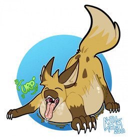 all_fours bodily_fluids burping claws eyes_closed fangs feral fur inner_ear_fluff male markings open_mouth raised_tail saliva saliva_on_tongue saliva_string soft_vore solo spots spotted_body spotted_fur tail teeth text tongue tongue_out tuft vore awoogasm canid canine canis domestic_dog mammal 2021 hi_res signature