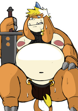 after_transformation anthro belly blonde_hair bulge clothed clothing ear_piercing ear_ring fupa greatsword hair hooves horn male melee_weapon navel nipples orange_body overweight piercing ring_piercing skimpy solo sword thong underwear weapon coolietf final_fantasy final_fantasy_vii square_enix cloud_strife seeq hi_res