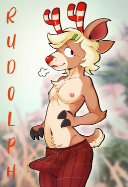 accessory anthro antlers bashful bodily_fluids bulge chest_tuft clothed clothing erection femboy fingers genital_fluids hair_accessory hairclip holidays hooved_fingers hooves horn male navel precum red_nose solo topless tuft salamikii christmas rudolph_the_red-nosed_reindeer deer mammal new_world_deer reindeer hi_res