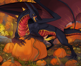 2_horns animal_genitalia animal_penis autumn black_body black_horn bodily_fluids erection feral food forest fruit genital_fluids genitals horn knot knotted_penis leaking_precum leaning_on_object licking licking_lips logo male membrane_(anatomy) membranous_wings neck_spikes outside penis plant precum pumpkin pumpkin_patch red_body red_scales scales solo spiked_tail spikes spikes_(anatomy) tail tongue tongue_out tree ventral_scales wings yellow_penis thedinosaurmann mythology aldryk dragon mythological_creature mythological_scalie scalie artist_logo hi_res