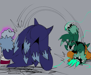 anthro big_hands black_clothing black_shirt black_topwear blue_body blue_fur bottomwear bracelet claws clothed clothed_anthro clothed_female clothing cracked_ground duo face_off faceoff female fight footwear fully_clothed fully_clothed_anthro fully_clothed_female fur green_body green_claws green_fur hair jewelry landing male pants ponytail quills_(anatomy) red_clothing red_footwear red_shoes sharp_teeth shirt shoes spiked_bracelet spiked_hairband spikes teeth topwear yellow_bottomwear yellow_clothing yellow_footwear yellow_pants yellow_shoes quavernsfw idw_publishing sega sonic_the_hedgehog_(comics) sonic_the_hedgehog_(idw) sonic_the_hedgehog_(series) sonic_unleashed sonic_the_werehog surge_the_wererec eulipotyphlan mammal werecreature wereeulipotyphlan werehog wererec guide_lines hi_res sketch