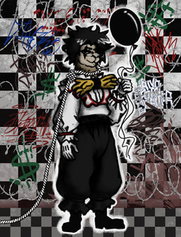 anthro balloon bow_ribbon checkered checkered_background checkered_floor clothing clown eyewear glasses gloves graffiti handwear inflatable male pattern_background rope simple_background solo jameslewis g_jamez alpaca camelid mammal absurd_res hi_res