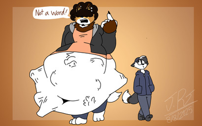 abdominal_bulge anthro anthro_pred backwards_baseball_cap backwards_hat barefoot baseball_cap belly big_belly bloated clothed clothing dialogue duo exposed_belly eyes_obstructed facial_hair feet forced fur hair hand_in_pocket hat headgear headwear huge_belly male male/male multiple_prey navel non-consensual_vore obese open_mouth overweight pockets simple_background size_difference tail teeth text toes unwilling_prey vore jayme_universe vore_day vore_day_2025 canid canine canis domestic_dog mammal digital_media_(artwork) english_text hi_res brother_(lore) brothers_(lore) sibling_(lore)