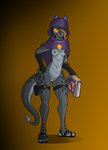 anthro clothing female footwear genitals glowing glowing_eyes glowing_genitalia grey_body grey_scales hood_up hooded_cloak horn purple_horn pussy sandals scales shoes solo tail thigh_belt tome ventral_scales bastiel mythology oblique_(character) dragon mythological_creature mythological_scalie scalie absurd_res hi_res