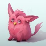 ambiguous_gender beak ear_piercing feral fur gauged_ear looking_at_viewer piercing pink_body pink_ears pink_eyes pink_fur simple_background sitting solo white_background yellow_beak lostgoose furby_(species) 1:1 dated hi_res