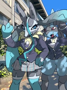 ambiguous_gender anthro black_body black_ears black_fur blue_body blue_ears blue_eyes blue_fur bottomwear clothing curvy_figure duo eyelashes female fur grey_body grey_fur metal open_mouth red_eyes school_uniform skirt spikes uniform yellow_body yellow_fur kusochibikemona nintendo pokemon pokemon_legends_z-a canid canine generation_4_pokemon generation_9_pokemon lucario mammal mega_evolution mega_lucario_z pokemon_(species) 3:4 absurd_res hi_res