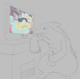 animal_genitalia animal_penis balls blush blush_lines butt electronics fangs featureless_crotch genitals lidded_eyes male masturbation penile penile_masturbation penis presenting presenting_hindquarters solo teeth television tongue tongue_out watching_television 4chan_anon nintendo pokemon generation_2_pokemon generation_4_pokemon pokemon_(species) rotom typhlosion hi_res