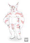 anthro balls belly biceps facial_hair feet flaccid forearm_muscles foreskin fur genitals goatee grin hand_on_hip looking_at_viewer male manly musclegut muscular navel nipples nude pecs penis pink_body pink_fur pink_stripes pubes sideburns simple_background slightly_chubby smile solo standing striped_body stripes triceps vein veiny_penis white_background lomlynx felid feline lynx mammal 2021 absurd_res hi_res