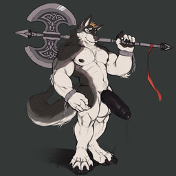 4_toes 5_fingers anthro axe balls battle_axe belly_tuft big_balls big_penis bodily_fluids cuff_(restraint) double_bitted_axe eyebrows fangs feet fingers genital_fluids genitals greataxe hair holding_object holding_weapon huge_penis humanoid_genitalia humanoid_penis looking_at_viewer male melee_weapon muscular muscular_anthro muscular_male navel_tuft neck_tuft nipples penis precum restraints shackles simple_background smile solo standing teeth thick_penis toes tuft vein weapon weapon_on_shoulder sorcerer_salem mythology bfw canid canine canis mammal mythological_canine mythological_creature werecanid werecanine werecreature werewolf wolf 1:1 2020 hi_res