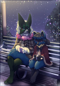 ambiguous_gender anthro bench blue_body blue_eyes blue_fur blue_hair blush blush_lines bow_tie claws container cup duo eyelashes fangs female female/female fur green_body green_fur green_hair grey_body grey_fur grey_hair hair open_mouth paws snow spikes spikes_(anatomy) street_lamp tail teeth whiskers cajunfoxnight nintendo pokemon valkyrie_(cajunfoxnight) zatanna_(cajunfoxnight) canid canine felid feline generation_4_pokemon generation_9_pokemon lucario mammal meowscarada pokemon_(species) 2025 hi_res signature female_(lore)