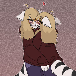 anthro black_body black_fur black_stripes blonde_hair blush bottomwear clothing denim denim_bottomwear denim_clothing duo ears_back ears_down eyes_closed eyewear female female/female fur glasses hair heart_symbol hoodie hug jeans kissing long_hair markings pants pivoted_ears red_clothing red_hoodie red_topwear selfcest square_crossover static_background striped_body striped_fur striped_markings striped_tail stripes tail tail_markings topwear white_body white_fur ashblondekittyy ashlyn_(ashblondekitty) domestic_cat felid feline felis mammal 1:1 trans_(lore) trans_woman_(lore)