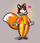 5_fingers anthro black_nose brown_hair bulge clothed clothing clown costume dipstick_tail fingers glistening gloves hair handwear heart_symbol inflatable latex long_tail male markings multicolored_tail pattern_clothing simple_background smile solo standing striped_clothing stripes tail tail_markings banderi a. animate_inanimate canid canine fox living_inflatable mammal 2017 digital_drawing_(artwork) digital_media_(artwork)