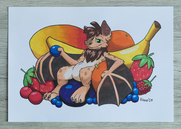 anthro blueberry_(fruit) brown_body brown_fur brown_wings cherry claws finger_claws food fruit fur green_eyes male mango markings membrane_(anatomy) membranous_wings orange_(fruit) plant plum_(fruit) raspberry semi-anthro simple_background sitting smug solo spots spotted_body strawberry white_background wings moemneop neop_(moemneop) bat flying_fox mammal megabat 2025 absurd_res hi_res signature traditional_media_(artwork)