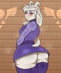 5_fingers absurd_res anthro antlers asriel_dreemurr bedroom_eyes big_butt blush blush_lines bodily_fluids body_blush bottom_heavy bottomwear bovid brick_wall butt butt_blush butt_pose caprine cel_shading clothed clothing crossdressing curvy_figure cute_fangs delta_rune_(emblem) deltarune digital_drawing_(artwork) digital_media_(artwork) eyebrow_through_hair eyebrows eyeshadow femboy feminine fingers floppy_ears glistening glistening_body glistening_clothing goat hair hand_on_chest heart_eyes heart_symbol hi_res horn huge_butt huge_hips huge_thighs johnmarten leggings legwear long_ears looking_at_viewer looking_back looking_back_at_viewer makeup male mammal miniskirt musk narrowed_eyes pattern_background pecs pink_nose portrait pose purple_clothing rear_view red_eyes seductive shaded short_tail simple_background skirt smile solo standing sweat sweater sweaty_butt symbol tail thick_thighs thigh_highs three-quarter_portrait topwear translucent translucent_hair undertale undertale_(series) upskirt voluptuous wall_(structure) white_body white_hair wide_hips