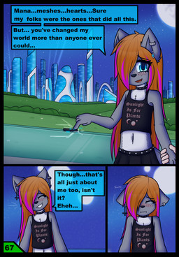 anthro bottomwear clothing dialogue female jewelry midriff piercing science_fiction skirt solo speech_bubble text young dream_mirage kayla_kitsune canid canine canis fox hybrid mammal wolf comic english_text hi_res