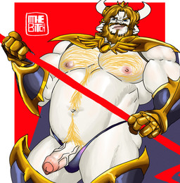 2_horns 5_fingers anthro areola armor beard belly_hair biceps black_clothing black_thong black_underwear blonde_beard blonde_eyebrows blonde_facial_hair blonde_hair blonde_pubes blue_eyes body_hair bulge cape chest_hair clothing crown deltoids erection eyebrows facial_hair fingers foreskin fur gauntlets genitals glans gloves gold_(metal) gold_crown greaves hair handwear happy_trail headgear holding_object horn humanoid_face lips looking_down loose_foreskin low-angle_view male male_anthro mature_anthro mature_male mostly_nude mostly_nude_anthro mostly_nude_male mouth_closed multicolored_penis musclegut muscular muscular_anthro muscular_male mustache navel nipples partially_retracted_foreskin pecs penis penis_poking_out pink_areola pink_glans pink_lips pink_nipples pink_penis pubes quads short_hair smile smirk solo thong two_tone_penis underwear urethra vein veiny_penis white_body white_ears white_fur white_horn white_penis itthebitch undertale_(series) asgore_dreemurr boss_monster_(undertale) bovid caprine mammal 2026 hi_res signature