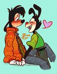 anthro blue_background blush blush_lines blushing_profusely clothed clothing duo gloves handwear happy heart_symbol looking_at_another looking_down love male male/male simple_background sitting smile standing jaessjinx animaniacs animaniacs_(2020) disney goof_troop hulu warner_brothers max_goof yakko_warner canid canine canis domestic_dog inkblot mammal