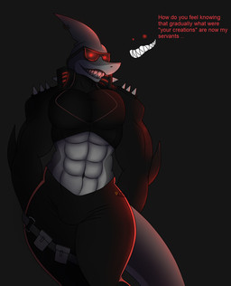 abs anthro clothed clothing corruption dialogue duo eyewear fin fin_piercing fin_ring furgonomic_piercing furgonomics glasses grey_body grin hypnotic_visor leggings legwear male male/male muscular muscular_anthro muscular_male notched_fin piercing shark_tail simple_background smile spikes text thick_thighs photolol.03 john_(photolol.03) tainted_john_(photolol.03) aquatic fish shark english_text hi_res
