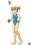 barefoot bodily_fluids breasts clothed clothing clothing_pull feet female green_eyes gym_leader hair human human_only imminent_transformation mammal misty_(pokemon) nintendo not_furry omoi one-piece_swimsuit orange_hair pokemon pokemon_trainer shower simple_background solo sweat swimwear swimwear_pull white_background