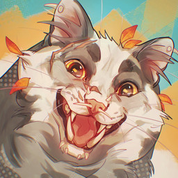 abstract_background ambiguous_feral ambiguous_gender big_fangs bridge_piercing ear_piercing facial_piercing facial_scar fangs feral front_view fur grey_body grey_fur leaf lip_piercing looking_at_viewer multiple_piercings nose_piercing open_mouth open_smile piercing red_tongue scar septum_piercing smile snakebite_piercing solo teeth tongue whiskers white_body white_fur yellow_eyes justkiddinb domestic_cat felid feline felis mammal 1:1 hi_res