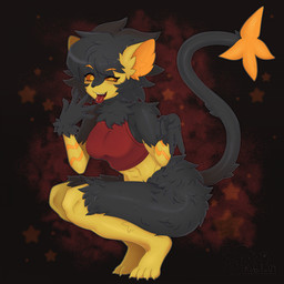 anthro bangs bare_shoulders black_body black_fur black_hair black_nose black_tail bodily_fluids bottomless clothed clothing crop_top crouching eyebrow_through_hair eyebrows eyelashes female fluffy fur gesture hair hand_gesture looking_at_viewer medium_hair navel open_mouth open_smile orange_eyebrows orange_sclera pose red_clothing red_crop_top red_shirt red_tongue red_topwear saliva shirt smile soft_abs solo tail teeth tongue tongue_out topwear translucent translucent_hair v_sign yellow_body yellow_eyes kobita09 nintendo pokemon generation_4_pokemon luxray pokemon_(species) 1:1 2025 colored digital_drawing_(artwork) digital_media_(artwork) hi_res shaded