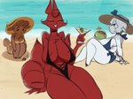 anthro beach beverage big_breasts breasts clothing female group happy hat headgear headwear hunched_over lipstick looking_at_viewer makeup sea sitting swimwear thick_thighs trio water lewdersheep arthropod bovid bovine canid canine canis caprine crab crustacean decapoda deer fox malacostracan mammal marine sheep 2022 4:3 hi_res