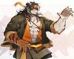 abs accessory anthro barazoku claws facial_hair fighting_pose fur goatee hair headband long_hair male mountain orange_body orange_fur orange_headband pecs pose simple_background solo stripes white_background white_body white_fur p2yong arknights hypergryph studio_montagne huai_tianpei_(arknights) felid mammal pantherine tiger hi_res signature