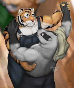 5_fingers anthro black_nose clothed clothing dancing fingers fur grey_body grey_fur humanoid_hands male overalls overalls_only pink_nose striped_body striped_fur stripes topless topless_anthro topless_male pendoggo echo_(series) echo_project the_smoke_room feng_yaolin nikolai_krol badger european_badger mammal meles mustelid musteline 2021 colored hi_res signature