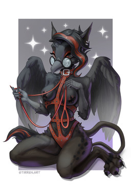 anthro beak bedroom_eyes black_body black_fur black_wings brown_body brown_fur claws collar eyewear female finger_claws fur glasses harness kneeling leash long_tail looking_at_viewer narrowed_eyes nipple_tape pasties pose red_claws red_eyes seductive solo tail tape toe_claws wearing_glasses wings stirren mythology avian gryphon mythological_avian mythological_creature hi_res pinup