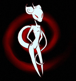 abstract_background ambiguous_gender frown fur hands_on_hips long_tail looking_at_viewer negative_energy_(legacy) slim small_waist snout solo tail tentacle_limbs thin_neck thin_thighs white_body white_fur mystafreya earthbound_(series) nintendo giygas alien gieeg 2009 colored