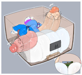 anthro athletic athletic_anthro balls big_balls big_butt big_penis big_tail blue_body blue_fur blue_hair butt controller destruction duo electronics fur furniture furry_tail gaming genitals glans hair huge_balls huge_butt huge_penis hyper hyper_balls hyper_butt hyper_genitalia hyper_penis male male/male onomatopoeia penis pointy_ears purple_body purple_fur sitting sofa sound_effects tail tail_motion tailwag television text throbbing throbbing_penis white_body white_fur marvolk microsoft minecraft mojang xbox_game_studios canid canine mammal 2025 colored hi_res