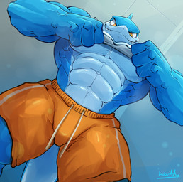 abs anthro big_muscles biped blue_body bottomwear clothed clothed_anthro clothed_male clothing clothing_lift fingers front_view grey_clothing grey_shirt grey_tank_top grey_topwear humanoid_hands looking_at_viewer looking_down low-angle_view male muscular muscular_anthro muscular_male narrowed_eyes orange_bottomwear orange_clothing orange_eyes orange_shorts pecs shirt shirt_lift shorts smile smiling_at_viewer smirk smirking_at_viewer smug snaggle_teeth solo standing tank_top text topwear vein veiny_arms veiny_muscles waddledox mako_(plain_white) aquatic fish mackerel_shark mako_shark shark white_shark absurd_res artist_name colored hi_res shaded