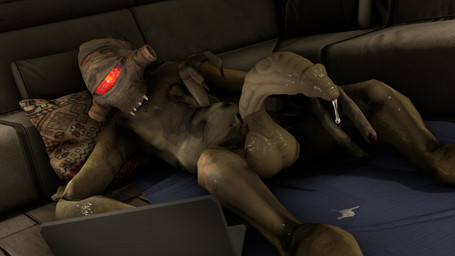 2_fingers 3_arms balls big_penis bodily_fluids computer electronics fingers genital_fluids genitals half-erect laptop leaking_precum male multi_arm multi_eye multi_limb not_furry penis pillow precum red_eyes sharp_teeth solo teeth margevonn half-life valve alien vortigaunt 16:9 2025 3d_(artwork) digital_media_(artwork) english_description hi_res widescreen