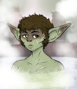 bath bathing female green_body green_skin hair humanoid_pointy_ears looking_at_viewer not_furry nude pointy_ears scar simple_background solo steam water wet geier goblin humanoid 2018 digital_drawing_(artwork) digital_media_(artwork)