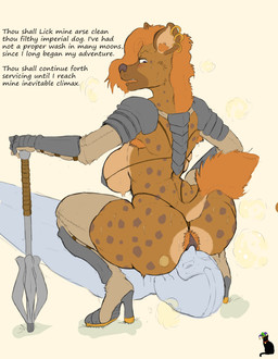anal anal_hair anthro anus armor armpit_hair big_butt bikini bikini_top bodily_fluids body_hair boots breasts butt butt_sniffing clothing duo facesitting female footwear high_heeled_boots high_heels human_on_anthro interspecies mace male male/female melee_weapon musk nose_to_anus oral pubes rimming sex shoes sitting_on_another smelly sniffing sweat swimwear text thong two-piece_swimsuit underwear weapon aromatic_hyena bethesda_game_studios microsoft skyrim the_elder_scrolls hibiscus_blossom human hyena mammal spotted_hyena absurd_res english_text hi_res