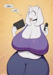 2_horns anthro big_breasts bodily_fluids breasts cleavage clothed clothing console curvy_figure dialogue female fully_clothed holding_console holding_object horn huge_breasts navel shocked solo speech_bubble standing sweat sweatdrop text voluptuous voluptuous_female wide_hips osokamu nintendo nintendo_switch_2 undertale_(series) toriel boss_monster_(undertale) bovid caprine goat mammal 2025 absurd_res digital_drawing_(artwork) digital_media_(artwork) english_text hi_res