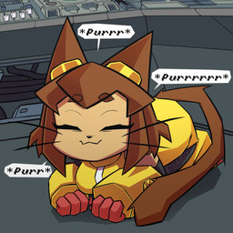 acting_like_a_cat anthro breasts brown_body brown_hair clothing eyebrows eyes_closed eyewear eyewear_on_head female goggles goggles_on_head hair loaf purring solo whiskers pinxsea gameoverse glitch_productions kit_bodega domestic_cat felid feline felis mammal 1:1 2026 hi_res