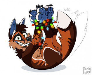 anthro bound christmas_decorations christmas_lights claws fluffy fluffy_tail hogtied humor looking_at_viewer male pawpads smile solo tail tail_motion tailwag remywolf archie_(thearchiefox) canid canine fox mammal hi_res
