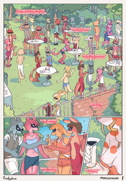 anthro areola beverage breasts casual_exposure clothing crowd dress female freckled_shoulders freckles grass group male nipples party plant public spots sunny tail text tree conditional_dnp djannetur funkybun equid equine horse mammal comic english_text hi_res trans_(lore) trans_woman_(lore)