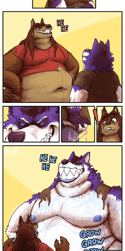 anthro belly big_belly big_fangs big_teeth black_sclera blue_eyes blue_gums blue_nipples body_size_growth brown_body brown_clothing brown_eyes brown_fur brown_hair brown_shirt brown_topwear clothing duo ear_piercing facial_piercing fangs fur growth growth_lines growth_potion growth_sequence hair long_hair male male/male multiple_piercings nipples nose_piercing obese obese_anthro obese_male overweight overweight_anthro overweight_male piercing red_clothing red_shirt red_topwear shirt size_difference size_transformation smug smug_expression smug_eyes smug_face teeth topwear transformation whiskers chopangigante hykewolffen max_hyper_(character) canid canine canis domestic_dog husky mammal nordic_sled_dog spitz wolf absurd_res comic hi_res