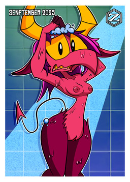 anthro areola bathing breasts embarrassed female first_person_view freckled_breasts freckles genitals hair looking_at_viewer navel nude pink_hair red_body senftember2025 shocked shower small_waist soap soap_bubbles solo thick_thighs vulva washing_hair wet wide_hips zenith_(zarnacius) zarnacius bovid caprine caprine_demon demon goat_demon mammal hi_res