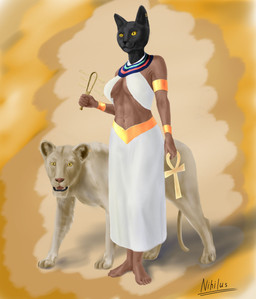 4_toes 5_fingers 5_toes abs accessory ankh armlet barefoot black_body black_fur black_lips black_nose breasts clothing duo egyptian feet female feral fingers fur gold_(metal) gold_accessory gold_jewelry jewelry lips musical_instrument piercing pupils simple_background slit_pupils standing tail tan_body tan_fur toes usekh white_clothing wide_hipped_female wide_hips yellow_eyes nihilusart egyptian_mythology middle_eastern_mythology mythology bast deity felid feline humanoid mammal absurd_res hi_res