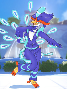 anthro balls blue_body blue_eyes blue_feathers blush bodily_fluids dancing erection feathers foreskin fountain genital_fluids genitals glistening glistening_body humanoid_genitalia humanoid_penis looking_at_genitalia looking_at_own_penis looking_at_penis looking_at_self male orange_body orange_feathers penis plant precum precum_string scuted_feet scutes shrub solo tremble_spikes unwanted_erection vein white_body white_feathers wide_hips yellow_body kamek_sans nintendo pokemon generation_9_pokemon pokemon_(species) quaquaval 3:4 absurd_res hi_res