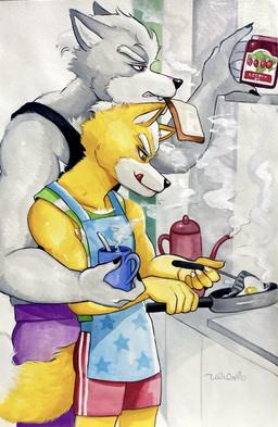 anthro apron bread clothing container cookware cup duo egg food frying_pan fur grey_body grey_fur jam_jar kettle kitchen_utensils licking licking_lips male male/male muscular muscular_anthro muscular_male romantic size_difference spatula steam tongue tongue_out tools ulala_ko nintendo star_fox fox_mccloud wolf_o'donnell canid canine canis fox mammal wolf hi_res
