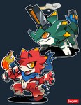 anthro cannon duo elemental_manipulation evolutionary_family feral fire fire_manipulation green_body horn male ranged_weapon red_body scarf weapon yellow_eyes sinobali bandai_namco digimon digimon_ghost_game betelgammamon digimon_(species) wezengammamon hi_res